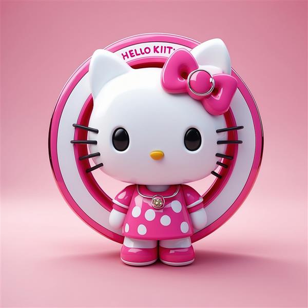 عکس هلو کیتی سه بعدی با لباس خال‌خالی در قاب