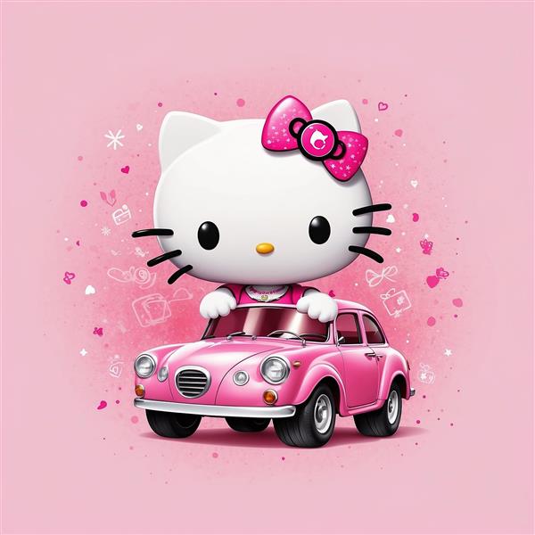 طرح هلو کیتی فانتزی در حال رانندگی با ماشین صورتی