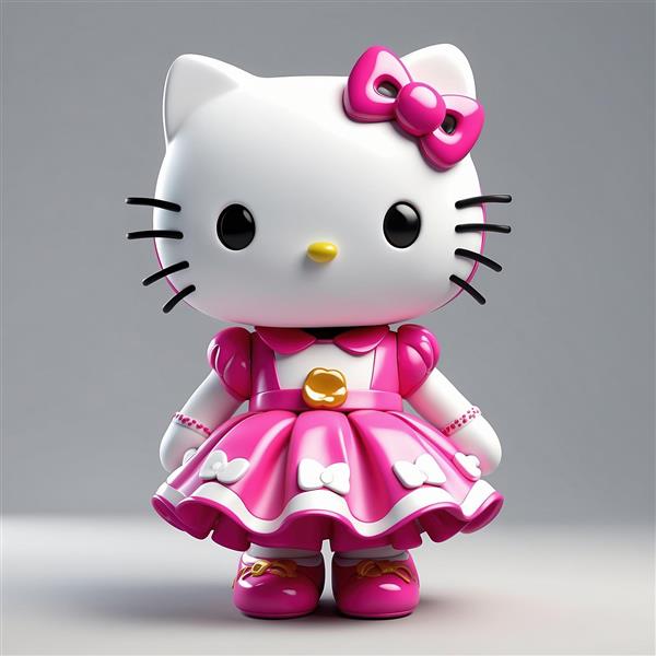 طرح کیتی سه بعدی فانتزی با پیراهن صورتی پف‌دار