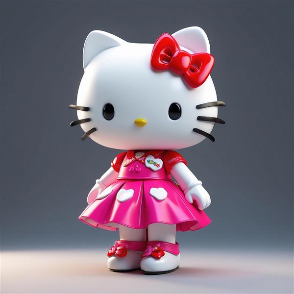 کاراکتر کیتی سه بعدی با پیراهن قرمز و صورتی