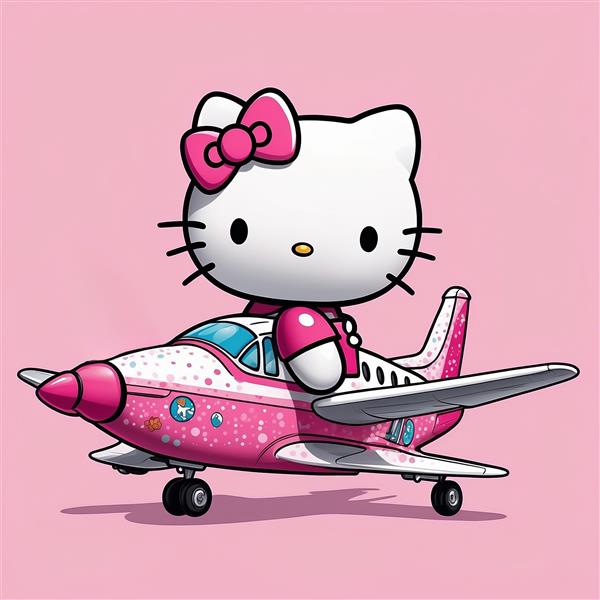 تصویر کارتونی کیتی فانتزی سوار بر هواپیمای ملخی صورتی
