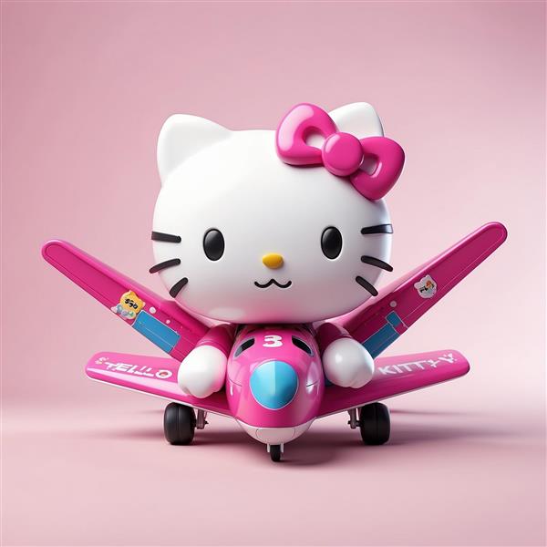 تصویر کیتی سه بعدی فانتزی با هواپیمای مدرن صورتی