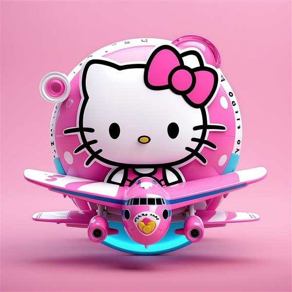 کاراکتر کیتی سه بعدی با هواپیمای فانتزی گرد صورتی