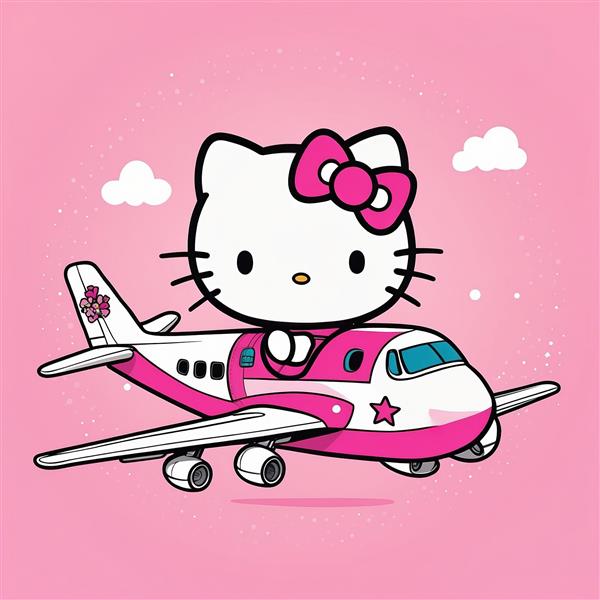 تصویر کارتونی کیتی فانتزی سوار بر هواپیمای مسافربری صورتی