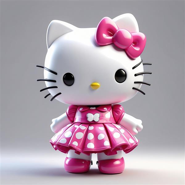 تصویر کیتی سه بعدی فانتزی با لباس صورتی خال‌خالی