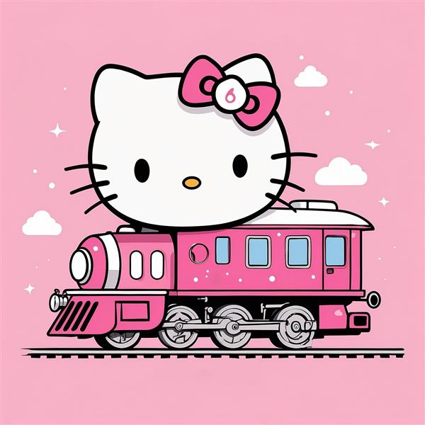 تصویر کارتونی کیتی فانتزی سوار بر قطار صورتی باکیفیت