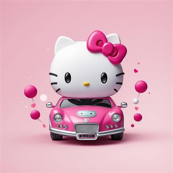 عکس کیتی فانتزی سه بعدی سوار بر ماشین صورتی