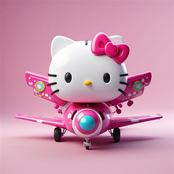 تصویر کیتی سه بعدی با هواپیمای فانتزی صورتی باکیفیت