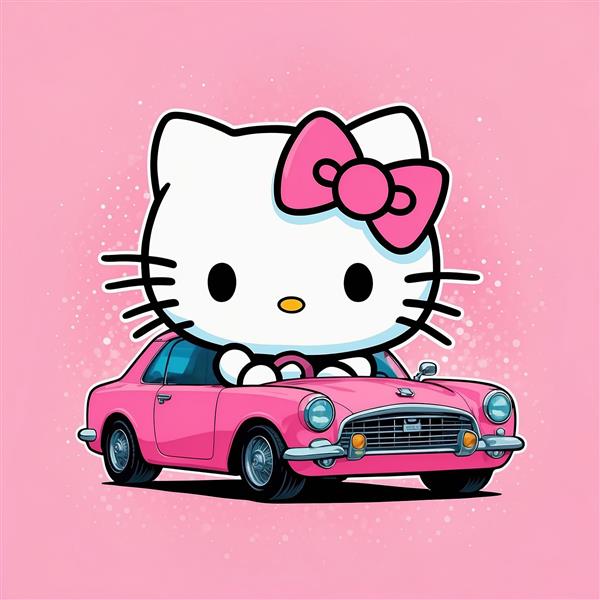 طرح کیتی کارتونی سوار بر ماشین کوپه صورتی فانتزی