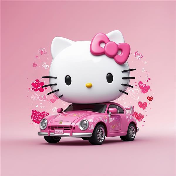 تصویر کیتی سه بعدی فانتزی روی سقف ماشین صورتی