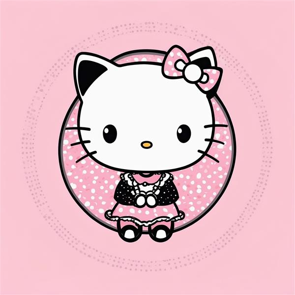 عکس کیتی کارتونی با لباس خال‌خالی در قاب دایره‌ای