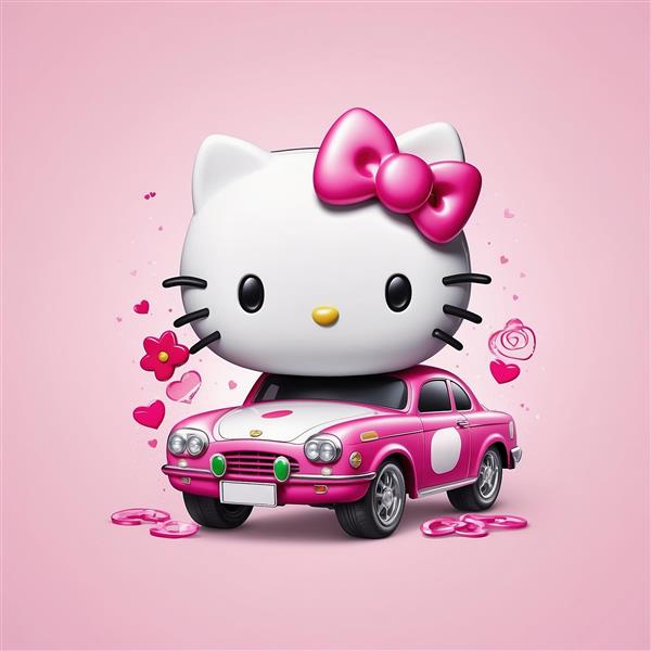 تصویر کیتی سه بعدی فانتزی بالای ماشین صورتی کوچک