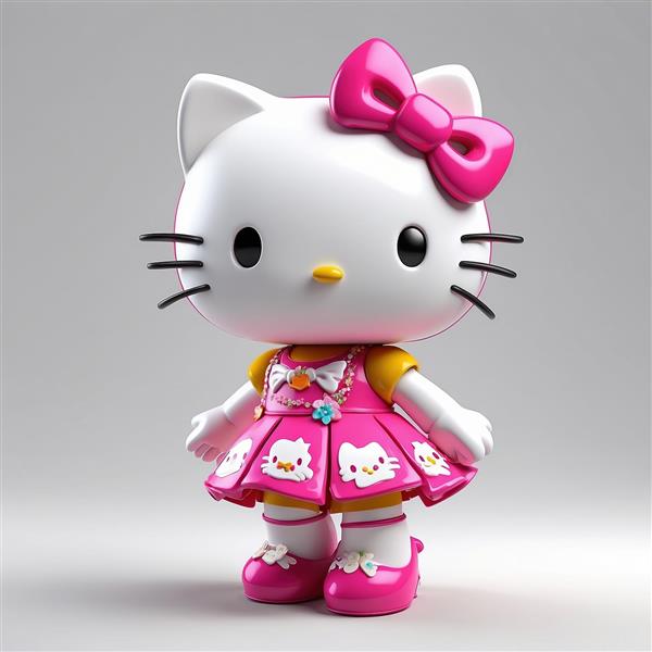 طرح کیتی سه بعدی ایستاده با پیراهن صورتی فانتزی