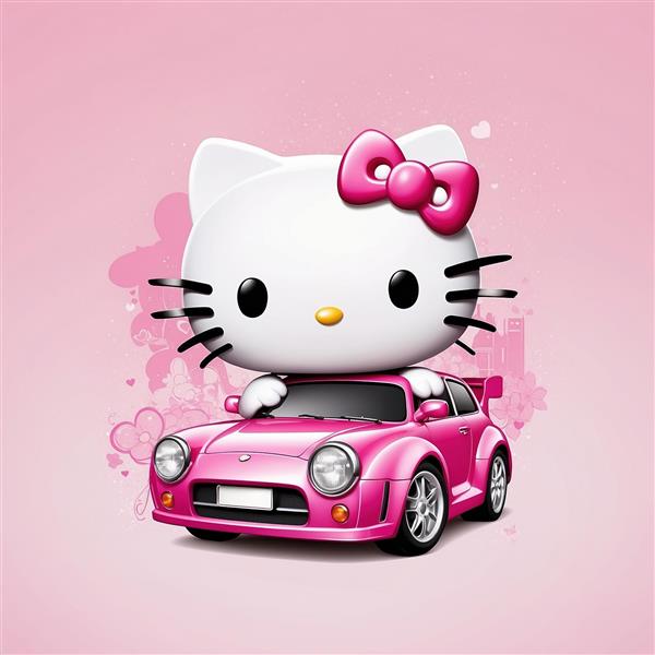 تصویر کیتی سه بعدی فانتزی داخل ماشین اسپرت صورتی