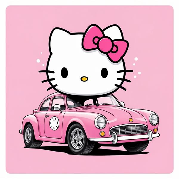 عکس کیتی کارتونی سوار بر ماشین قدیمی صورتی روشن