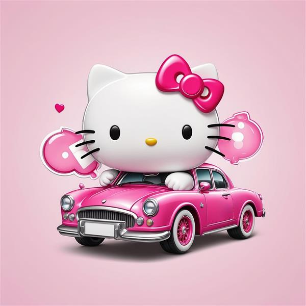 تصویر کیتی سه بعدی فانتزی سوار بر ماشین صورتی