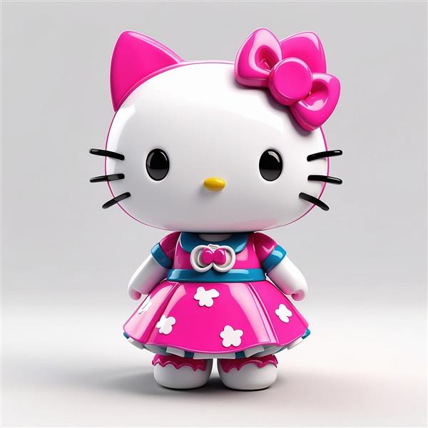 طرح کیتی سه بعدی با لباس گل‌دار صورتی فانتزی