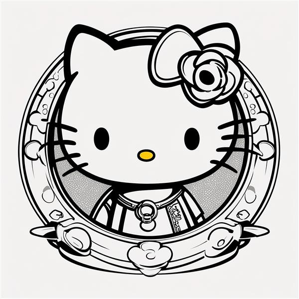 تصویر خطی کیتی مینیمال با گل روی سر و قاب دایره‌ای