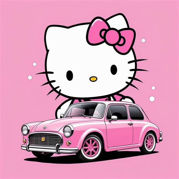 عکس کیتی کارتونی کنار ماشین مینی کلاسیک صورتی