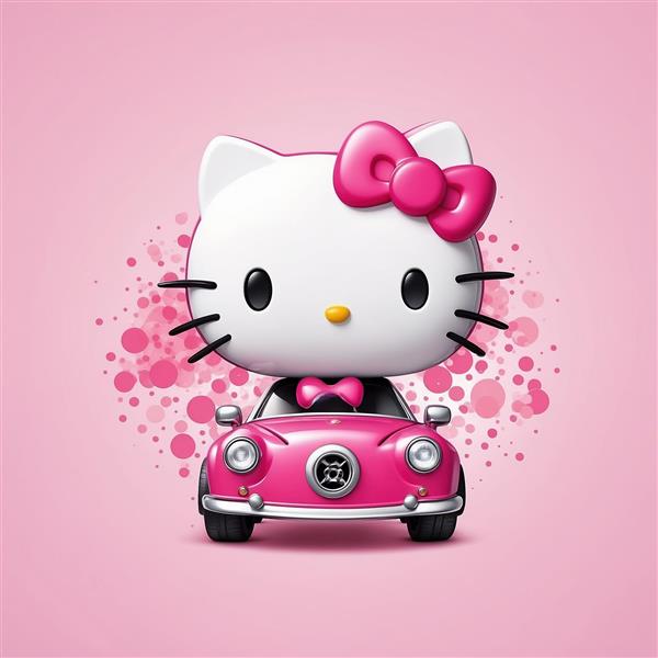 تصویر کیتی سه بعدی فانتزی پشت فرمان ماشین صورتی