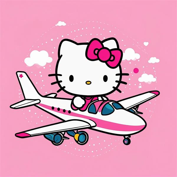 طرح کیتی فانتزی سوار بر هواپیمای صورتی و سفید