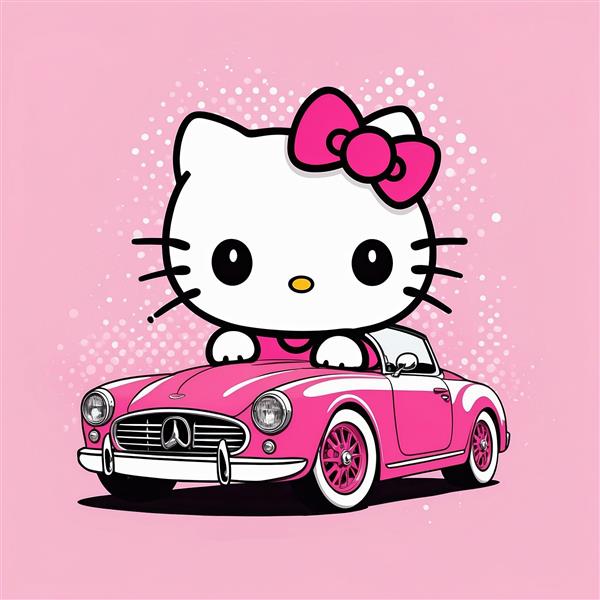 تصویر کیتی کارتونی سوار بر ماشین کروک صورتی