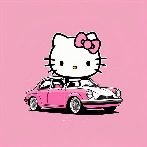 عکس کیتی فانتزی روی ماشین کلاسیک صورتی باکیفیت