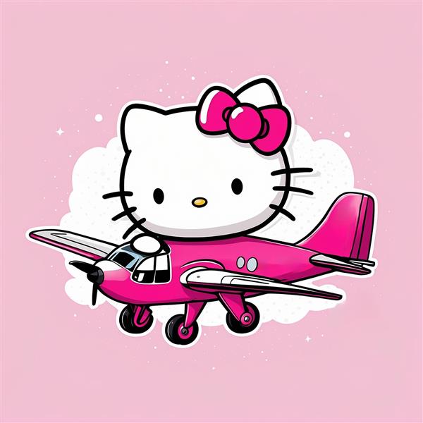 طرح کیتی روی هواپیمای صورتی با ابرهای سفید