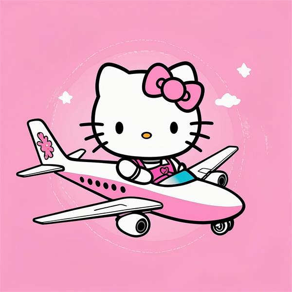 عکس کارتونی کیتی داخل هواپیمای مسافربری صورتی