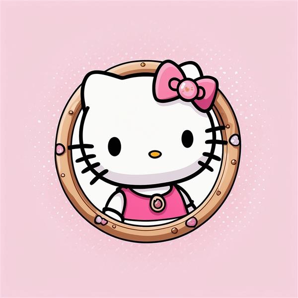 چهره کارتونی کیتی در قاب دایره‌ای صورتی