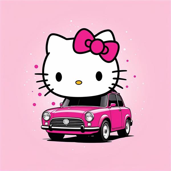 طرح کیتی کارتونی سوار بر ماشین صورتی
