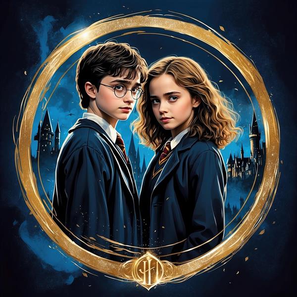 طرح کارتونی هری پاتر و هرمیون با پس‌زمینه آبی