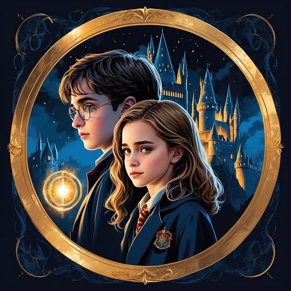 تصویر هنری هری پاتر و هرمیون با قلعه جادویی
