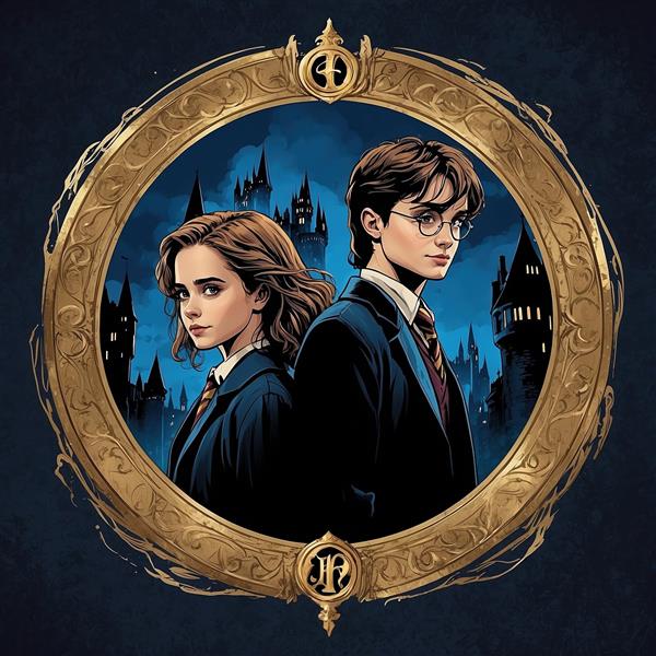 تصویر هری پاتر و هرمیون در قاب طلایی دایره‌ای