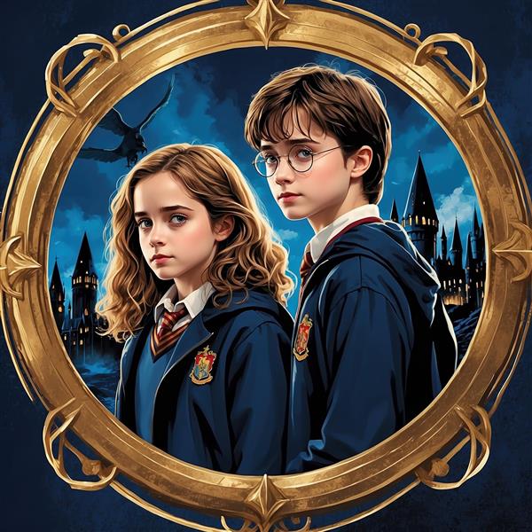 طرح هری پاتر و هرمیون در قاب طلایی کلاسیک و قلعه