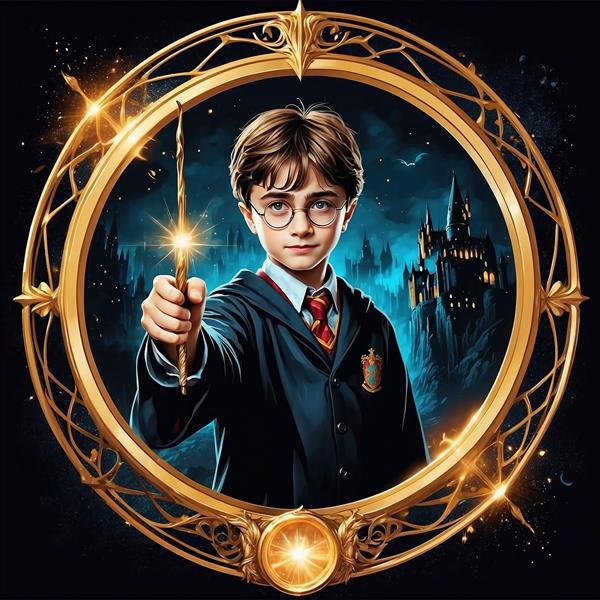 عکس هری پاتر با چوب جادوی نورانی و قلعه در شب