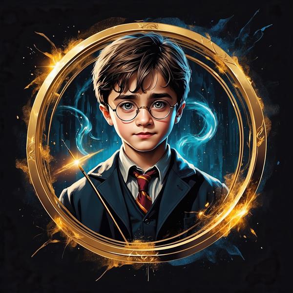 تصویر هری پاتر با افکت جادویی آبی و قاب طلایی