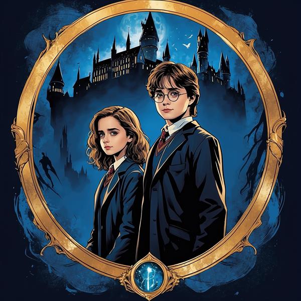 عکس فانتزی هری پاتر و هرمیون با قلعه هاگوارتز و ماه