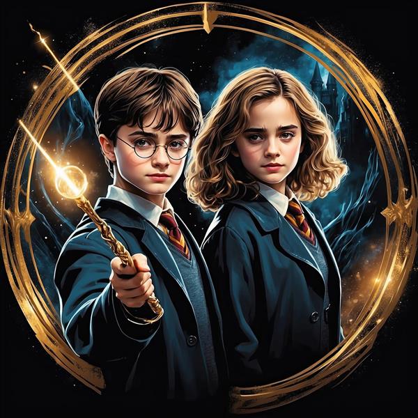 تصویر هری پاتر و هرمیون با چوب جادو و قاب دایره‌ای
