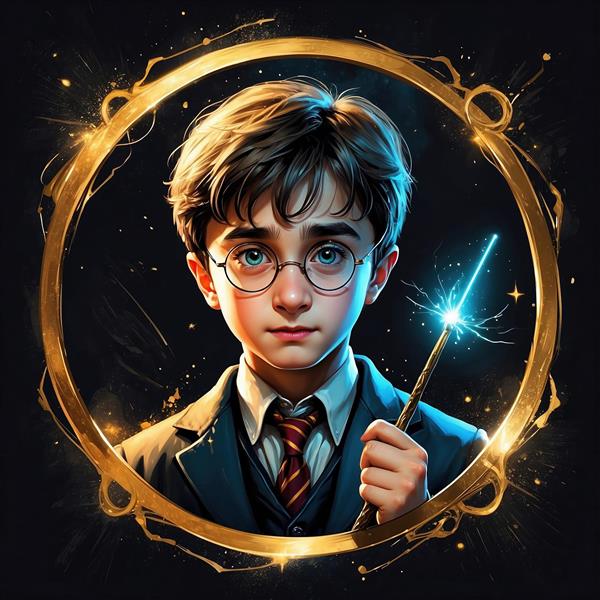 عکس هری پاتر کارتونی با چوب جادوی درخشان و قاب