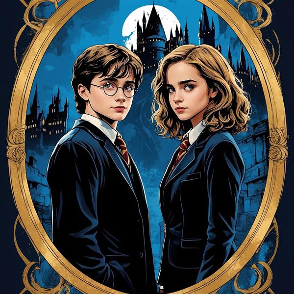 تصویر هری پاتر و هرمیون فانتزی با قلعه و ماه کامل
