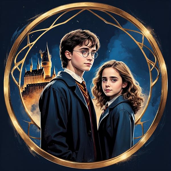 عکس هری پاتر و هرمیون فانتزی با پس‌زمینه قلعه روشن