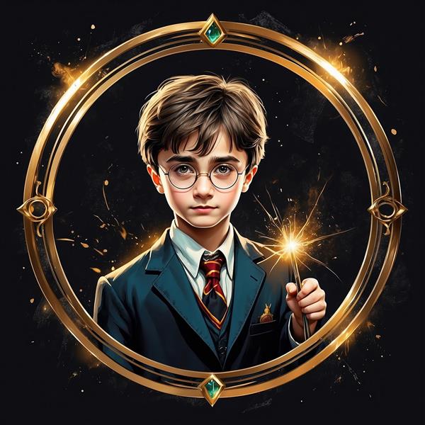 تصویر هری پاتر با چوب جادوی درخشان و قاب فانتزی