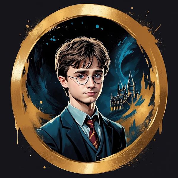 طرح هری پاتر کارتونی با قاب طلایی و نمای قلعه