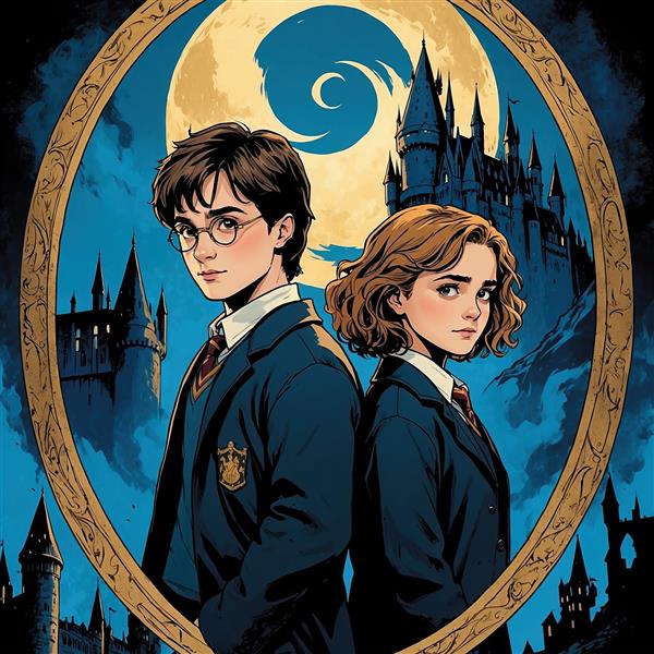 عکس هری پاتر و هرمیون فانتزی با ماه کامل و قلعه