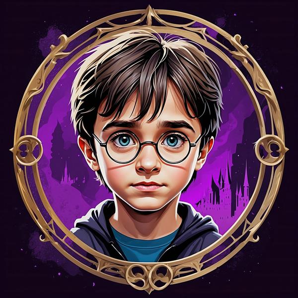 تصویر هری پاتر مینیمال با پس‌زمینه بنفش و قاب طلایی