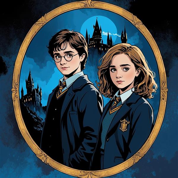 تصویر هری پاتر و هرمیون کارتونی با تم آبی و قلعه