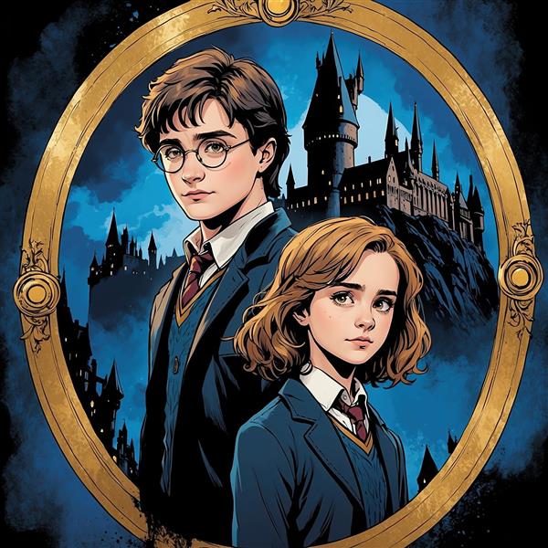 عکس هری پاتر و هرمیون فانتزی در قاب طلایی باکیفیت