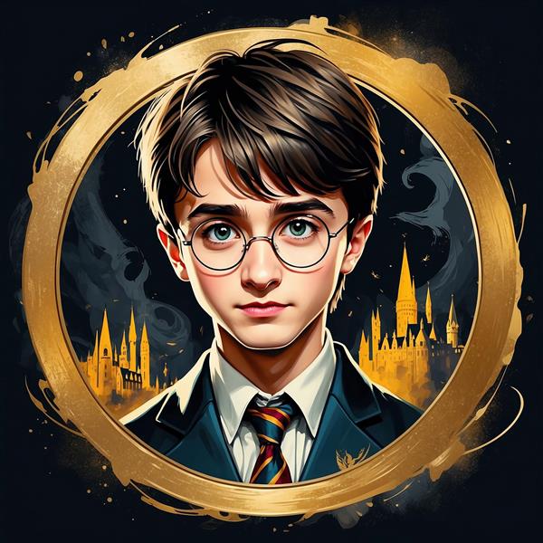 طرح هری پاتر کارتونی با جزئیات بالا و پس‌زمینه قلعه
