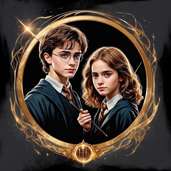 تصویر هری پاتر و هرماینی فانتزی با چوبدستی و قاب دکوراتیو
